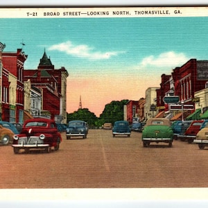 Broad Street Rose Theatre Voitures anciennes Thomasville Géorgie Carte postale Linge de maison vintage