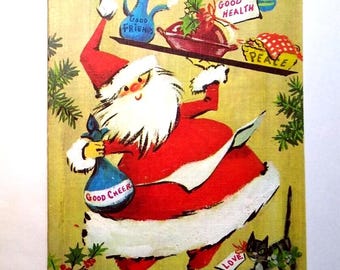 Weihnachtsmann & gestreifte Katze Retro Mid Century Mod Groovy Grußkarte Karte Unbenutzt NOS