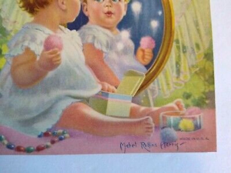 Vintage Baby By The Mirror Art Print Mabel Rollins Harris 1930s NOS Lithograph Christmas Gift Unique Gift image 3