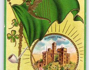 St Patrick's Day Postcard 1910's Blarney Castle Ireland Irish Flag Harp Embossed