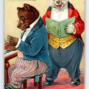 Carte postale fantastique ours jouant du piano chantant une chanson très drôle 1910