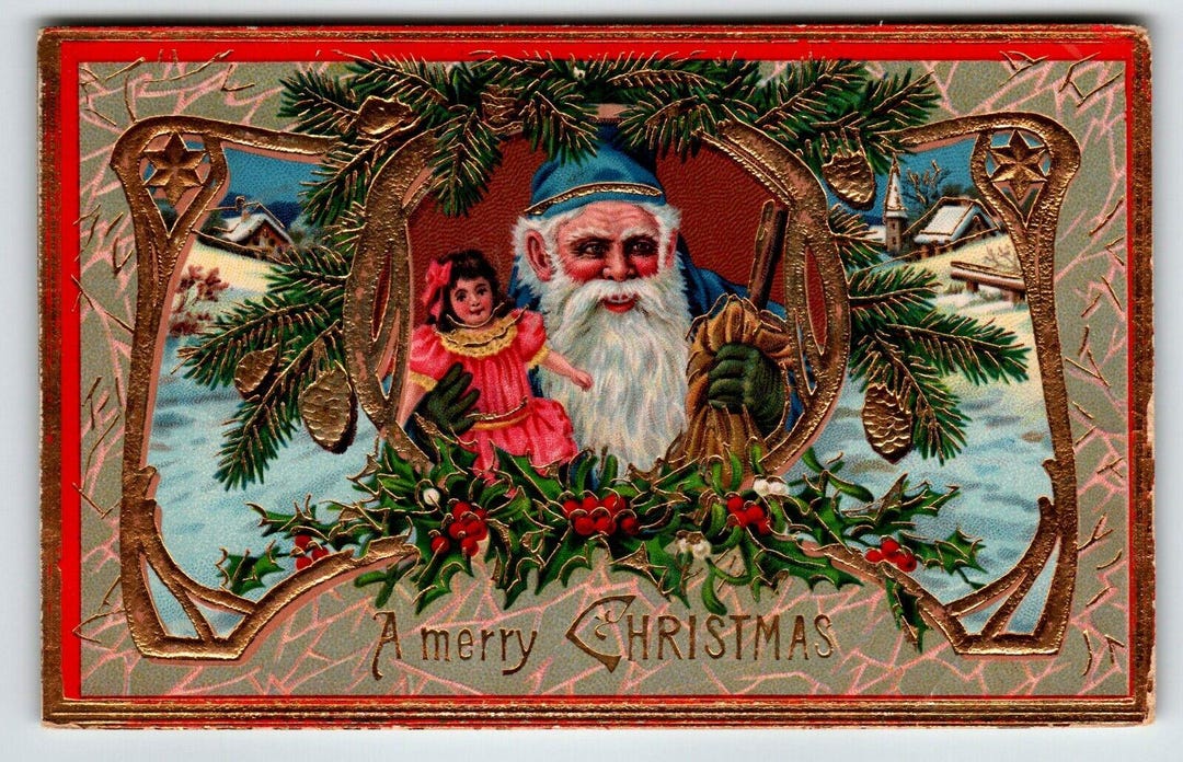 Santa Claus Christmas Postcard Blue Suit Coat Girl Doll Gold Trim Gel