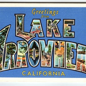 Carte postale en lin grande lettre, grande lettre des années 40, Lake Arrowhead California