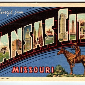 Carte postale de l'État de Kansas City, Missouri, grande lettre, lin, 1950 cheval, cadeau unique
