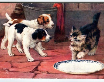 This Is My Milk Cat Dogs Tuck Series 9436 Signed B. Cobbe Kitten Puppies Oilette