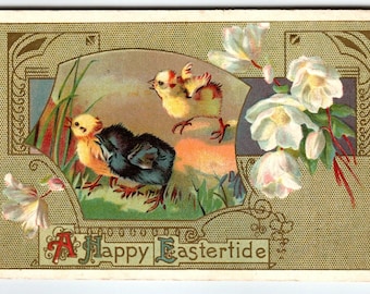 Easter Postcard Baby Chicks Flowers Eastertide Embossed Vintage Series 15