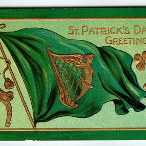 Carte postale de la Saint-Patrick, harpe, drapeau irlandais, trèfles d'Irlande, trèfles en relief