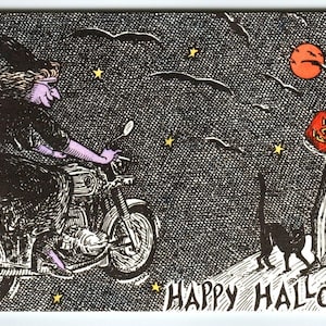 ハロウィンポストカード バイクに乗った魔女 月 コウモリ 黒猫 空飛ぶウサギ 1993 ユニークなギフト