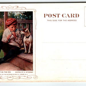 Junge spielt Flöte mit Hund Werbepostkarte Cosmopolitan Relief Camden NJ 1907