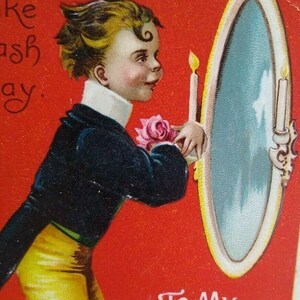Carte postale de la Saint-Valentin non signée Ellen Clapsaddle vintage Allemagne miroir garçon cadeau unique