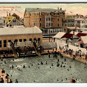 Antique Postcard North End Swimming Pool Ocean Grove NJ Busy Beach Town 1914