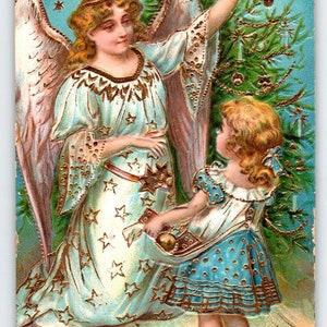 天使の子供 金の木 クリスマスポストカード 650 ドイツ オットー シュロス エンボス加工 1907