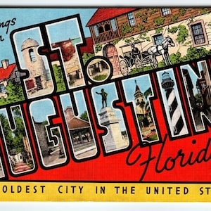 Carte postale en lin, grande lettre, grande lettre, ville de St. Augustine, Floride, 1944