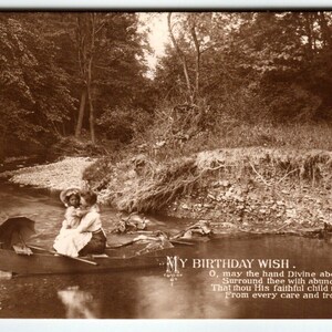 Mein Geburtstagswunsch RPPC Postkarte Viktorianische Kinder im Kanu Boot EAS Deutschland Einzigartiges Geschenk