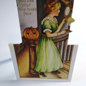Carte postale d'Halloween victorienne Whitney, femmes debout découpées à l'emporte-pièce, inutilisée, cadeau unique