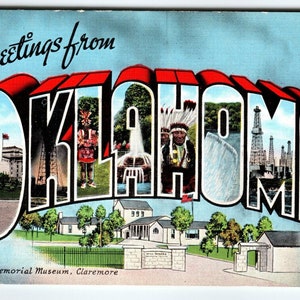 Carte postale de l'Oklahoma, grande lettre, Kropp vintage, Will Rogers, lin