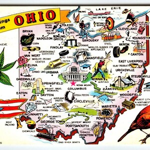 Ohio Karte Postkarte Chrom Kardinalvogel Buckeye Zustand Blumen Flagge Tichnor Unbenutzt Einzigartiges Geschenk