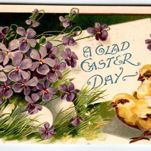 イースターのポストカード 紫のエンボス加工の花 卵から孵るひよこ ドイツ 1909年
