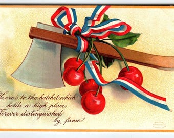 George Washington US President Patriotic Axe Cherries Postcard Embossed Germany