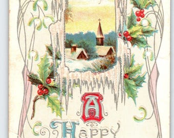 New Years Postcard Bell Holly Leaves Church View Embossed Vintage Series 52