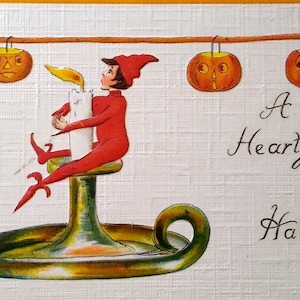 Halloween Postkarte Pixie Elfe Hängen an Kerze Eubrie Elkus 7018 Deutschland 1912 Einzigartiges Geschenk