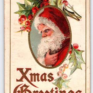 Weihnachtsmann Postkarte 1900er Jahre Saint Nick Oval Holly Vintage Embossed 1909