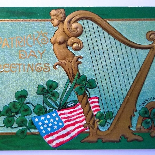 St Patricks Day Postcard Harp US Flag 16 Stars Clovers Embossed 1909 Series 400 Unique Gift