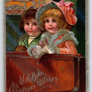 Christmas Postcard Victorian Boy And Girl Seated On Church Pews Embossed 1909