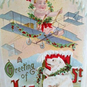 Carte postale du Nouvel An, bébé ours polaire, avion volant, série vintage 576 J Herman, cadeau unique