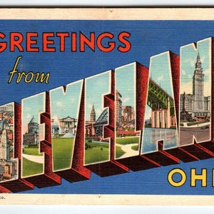 Carte postale en lin avec grandes lettres, Grandes salutations de Cleveland, Ohio, Curt Teich