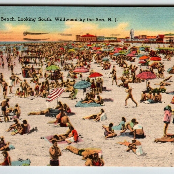 Wildwood New Jersey Postcard Bathing Beach Umbrella Ocean People Linen 1955 Unique Gift