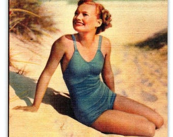 Bathing Swimsuit Blond Women On Beach Linen Postcard Vintage Unposted Asheville Unique Gift