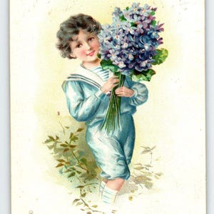 Carte postale de la Saint-Valentin, cadeau unique à ranger en signe d'affection avec enfant de l'époque victorienne, fleurs bleues
