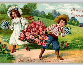 Birthday Greetings Postcard Girl Boy Outside Flowers Saxony Embossed Series 816 Unique Gift