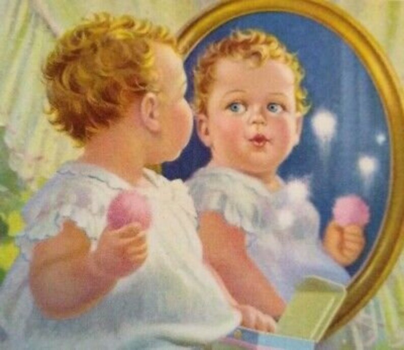 Vintage Baby By The Mirror Art Print Mabel Rollins Harris 1930s NOS Lithograph Christmas Gift Unique Gift image 1