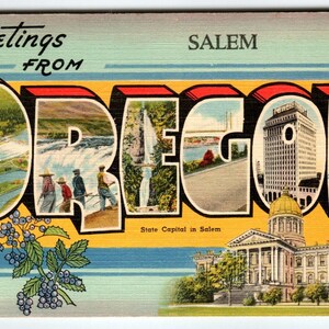 Salutations de Salem, Oregon, Grande carte postale avec grandes lettres, ville des années 40, lin Tichnor