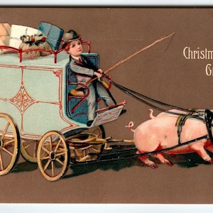 Carte postale de Noël avec des cochons transportant un carrosse de livraison Fantaisie Alfred Holzman Allemagne