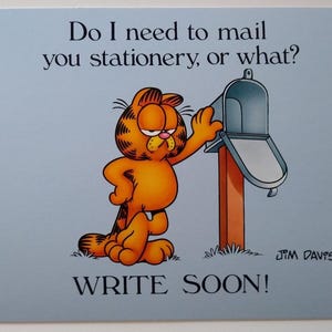 Carte postale Garfield Cat Write Soon Boîte aux lettres Jim Davis vintage inutilisée Cadeau unique Continental