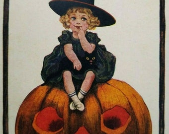 Vintage Halloween Postcard Little Witch Sits On GIANT Pumpkin Series 182 Ullman Unique Gift