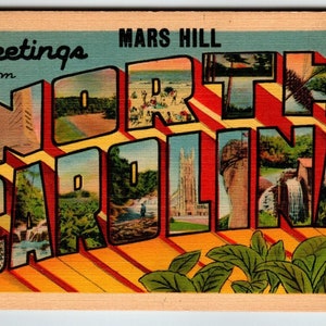 Carte postale en lin grande lettre, grande grande lettre, Caroline du Nord, 1943 Greetings From Mars Hill, cadeau unique