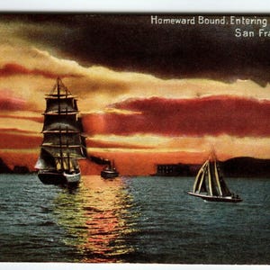 Carte postale bateau bateau coucher de soleil reliure maison Golden Gate San Francisco Californie PNC cadeau unique