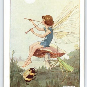 Carte postale Fairy Piper Années 20 Constance Symonds Fantasy Bumble Bee Sauterelle Soleil