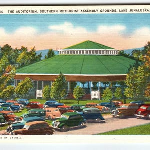 Carte postale vintage Linge de voiture Old Cars Auditorium de Caroline du Nord Lake Junaluska