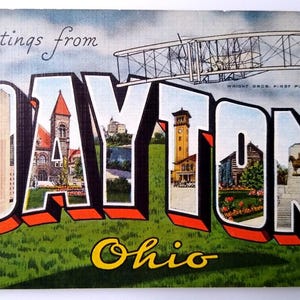 Carte postale en lin grande lettre Greetings from Dayton Ohio, cadeau unique avion Kropp Wright Bros