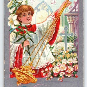 Osterpostkarte 1900 Chroir Boy Holes Weihrauch Lilien Geprägte Grüße 1909