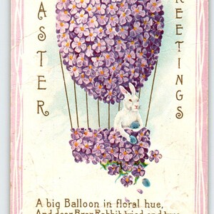Antique Easter Postcard Anthropomorphic Humanized Rabbit Hot Air Balloon 207 A