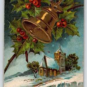 Carte postale de Noël, cloche d'église pittoresque, marches couvertes de neige, série 3505, cadeau unique en relief
