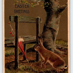 Easter Greetings Postcard Bunny Rabbit Looks At Umbrella Embossed Vintage 1909 Unique Gift