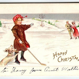Weihnachtspostkarte Kind spielt Eishockey Welpe Hund Skater Stecher 259 F