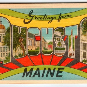 Salutations d'Augusta, Maine, grande lettre, ville, années 40, carte postale, lin, vintage